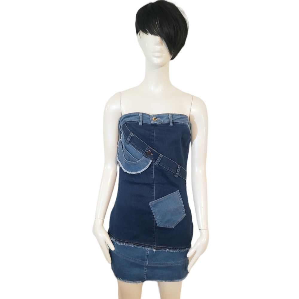 Patchwork Strapless Denim Mini Dress Size XL